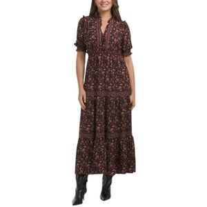 NEW MAX STUDIO LONDON Crepe Smocked Short Sleeve Tiered Maxi Dress